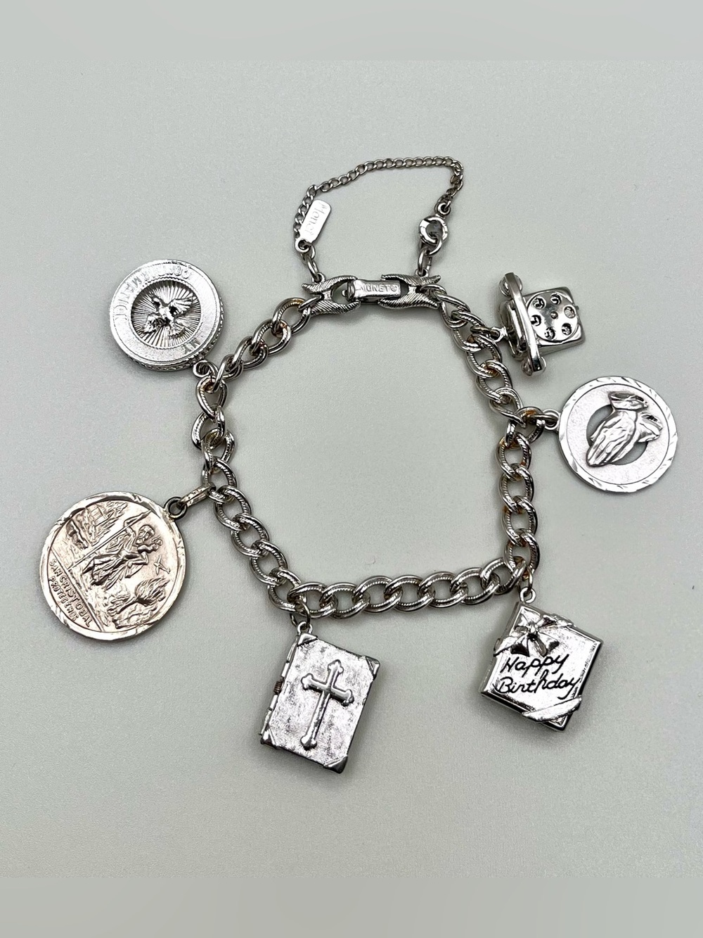 VTG 70s Monet Silver Tone Religious Charm Bracelet Bible Some Sterling Charms